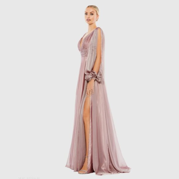 Mac Duggal 67414 Size 2‎ Long Sleeve V-Neck Pink Chiffon Long Maxi Gown Dress - Picture 3 of 3